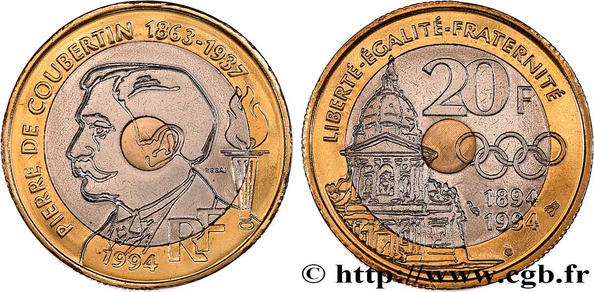 Essai de 20 francs Pierre de Coubertin 1994 Pessac F.405/1 FDC