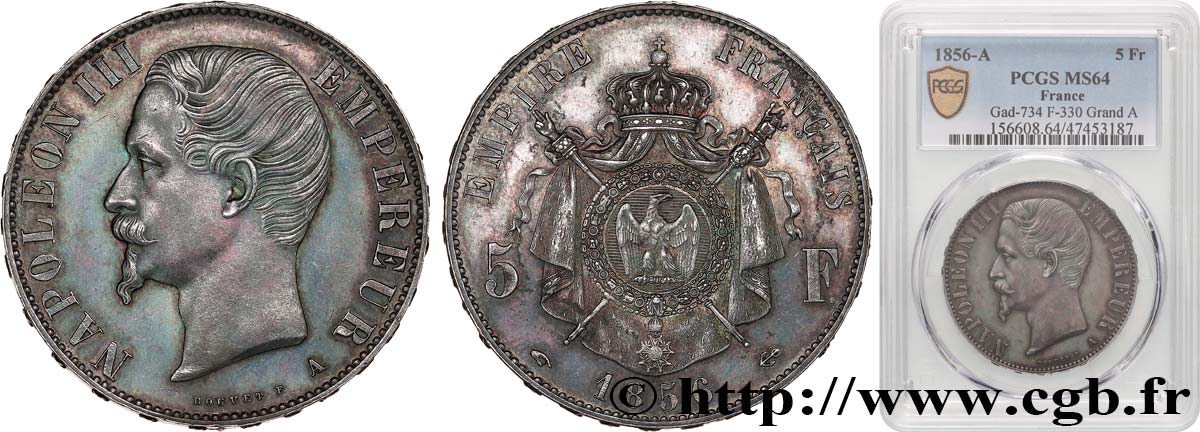 5 francs Napoléon III, tête nue 1856 Paris F.330/6 MS64 PCGS