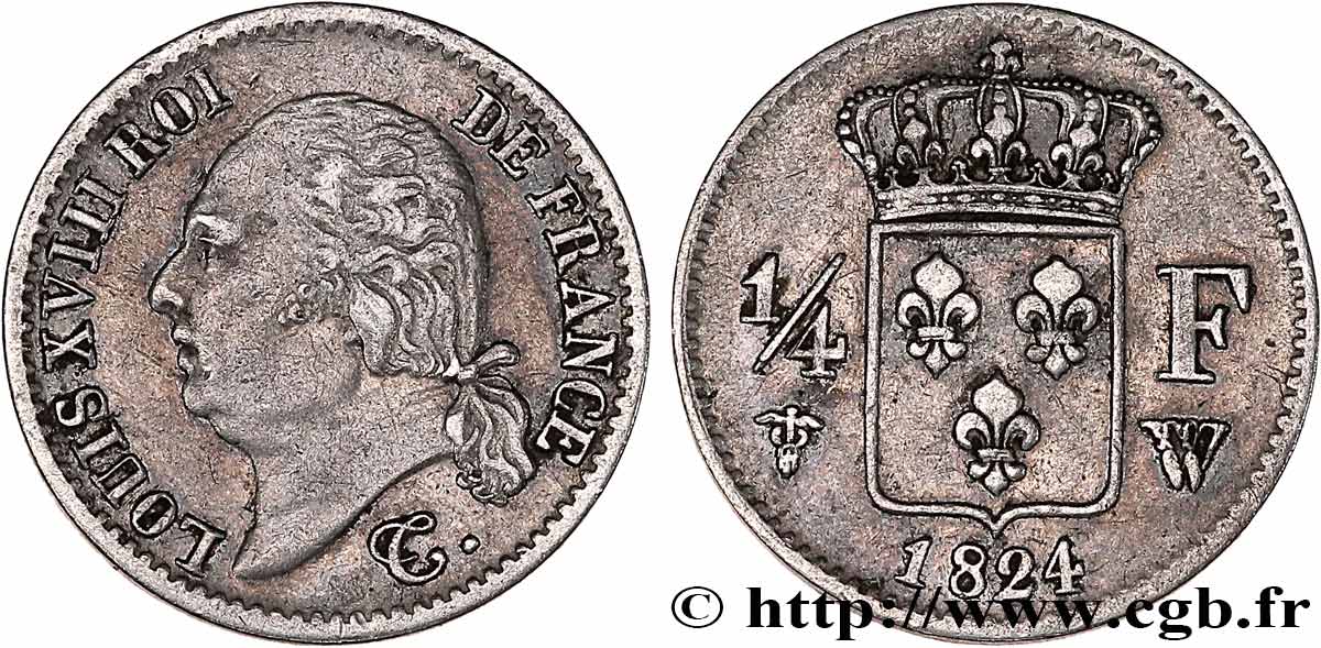 1/4 franc Louis XVIII 1824 Lille F.163/35 VF35 