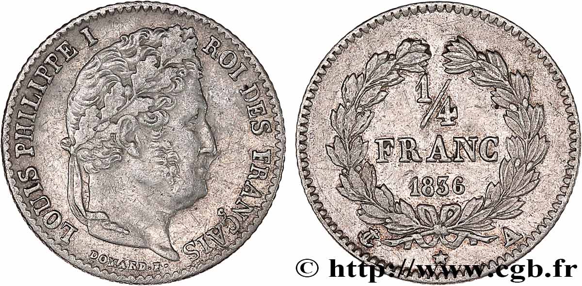1/4 franc Louis-Philippe 1836 Paris F.166/59 AU50 