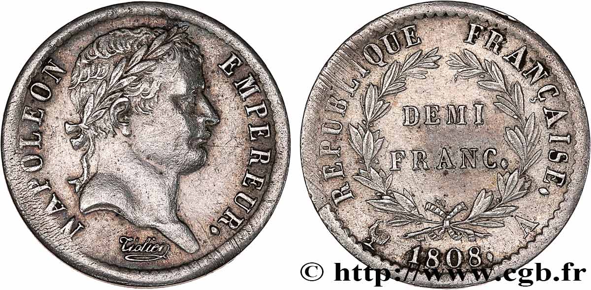 Demi-franc Napoléon Ier tête laurée, République française 1808 Paris F.177/2 MBC+ 