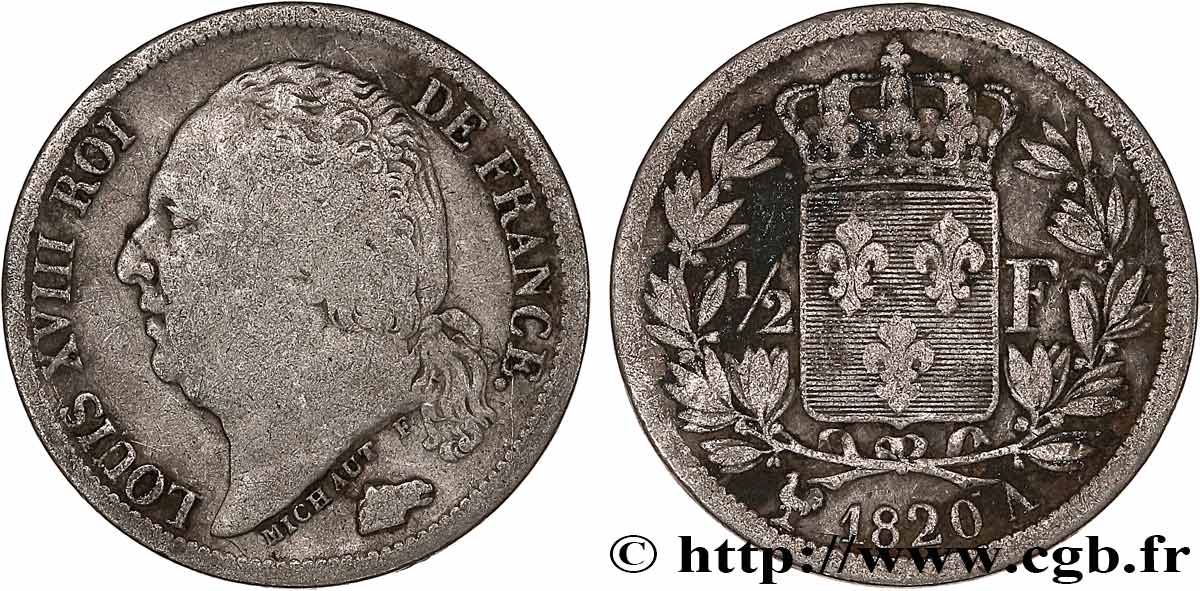 1/2 franc Louis XVIII 1820 Paris F.179/25 VG 