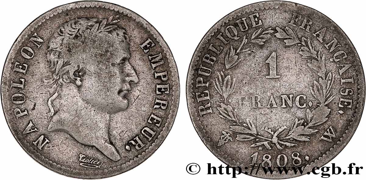 1 franc Napoléon Ier tête laurée, République française 1808 Lille F.204/15 MB25 