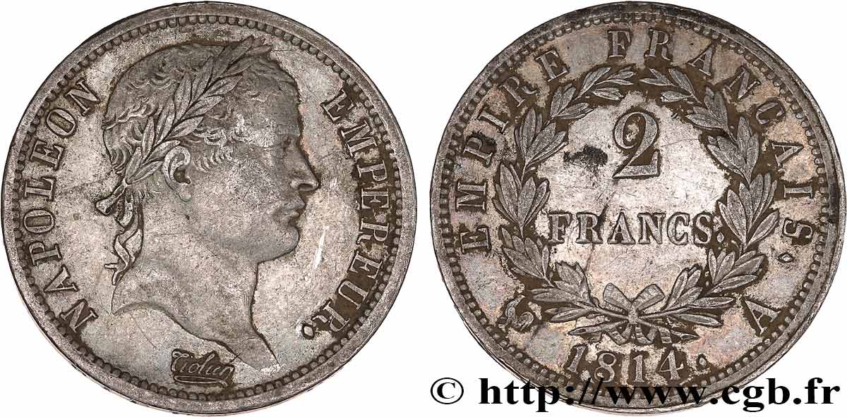 2 francs Napoléon Ier tête laurée, Empire français 1814 Paris F.255/67 SS 