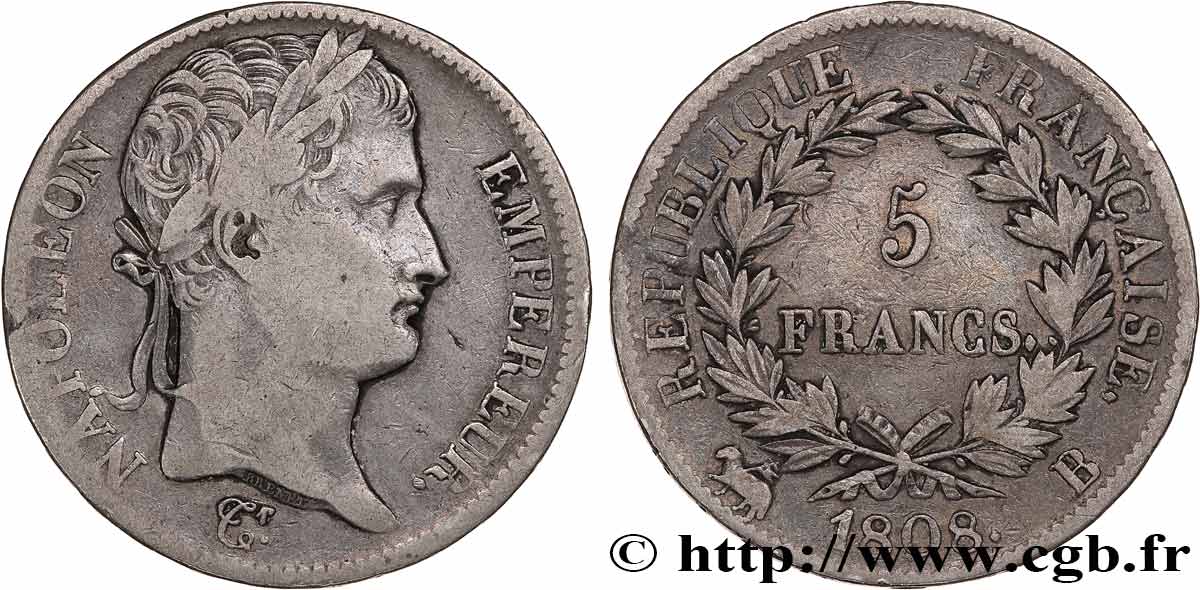 5 francs Napoléon empereur, République française 1808 Rouen F.306/3 VF30 