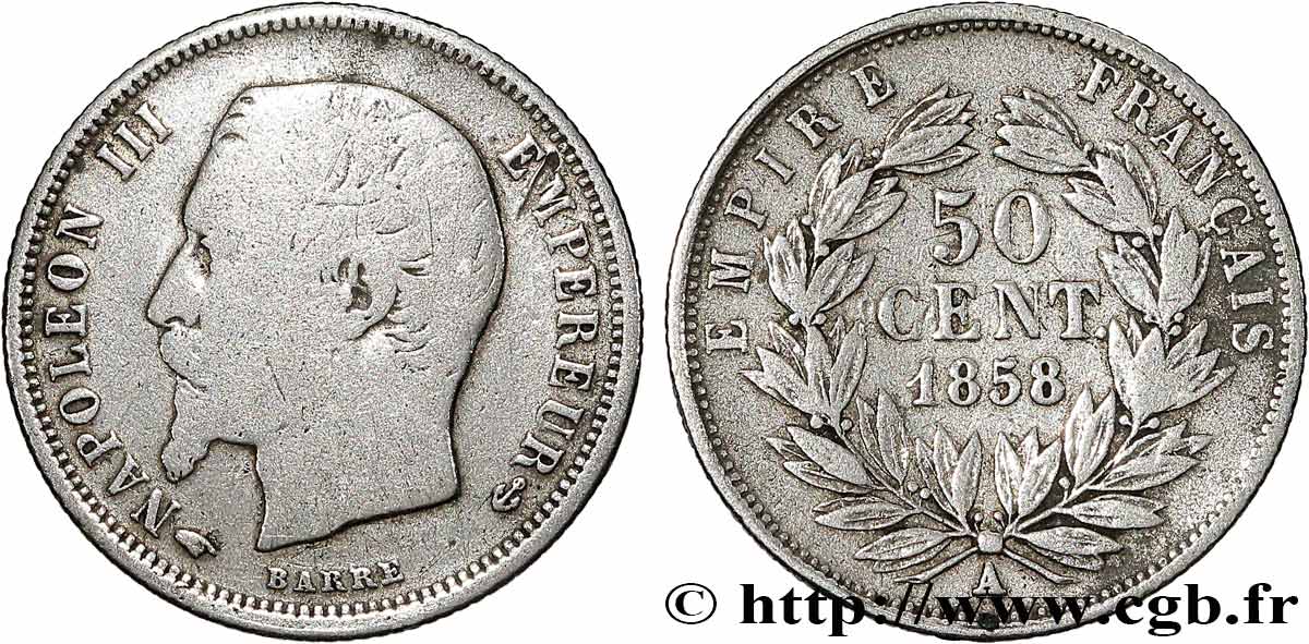50 centimes Napoléon III, tête nue 1858 Paris F.187/9 B