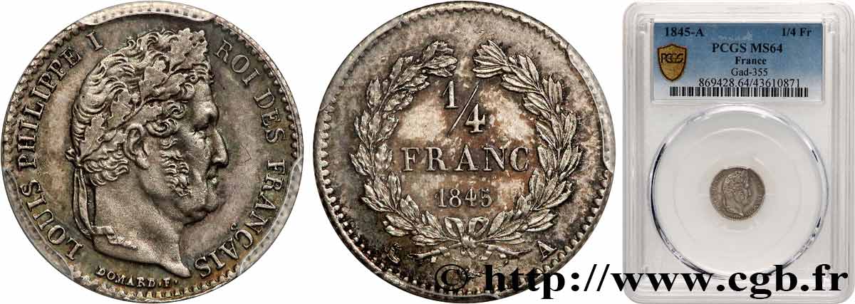 1/4 franc Louis-Philippe 1845 Paris F.166/102 fST64 PCGS