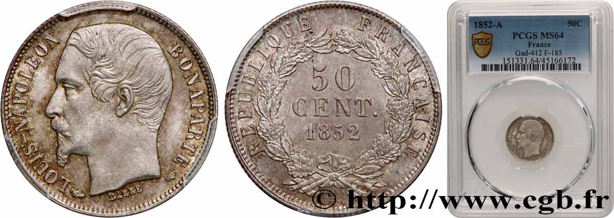50 centimes Louis-Napoléon 1852 Paris F.185/1 SPL64 PCGS