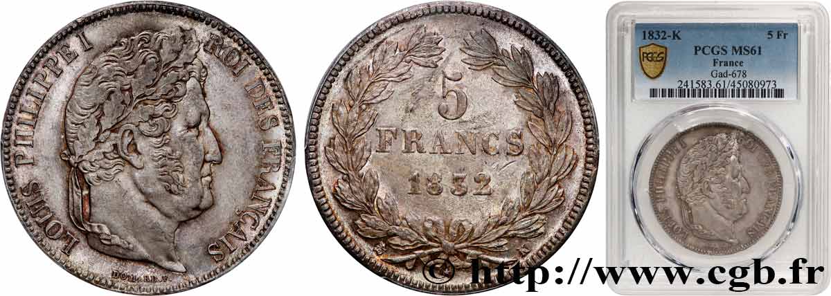 5 francs IIe type Domard 1832 Bordeaux F.324/7 SUP61 PCGS