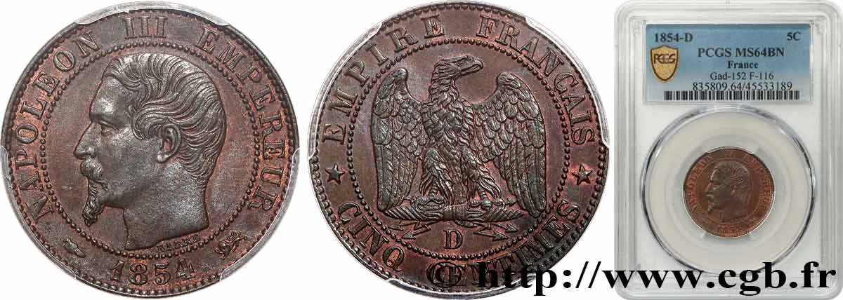 Cinq centimes Napoléon III, tête nue 1854 Lyon F.116/12 SPL64 PCGS