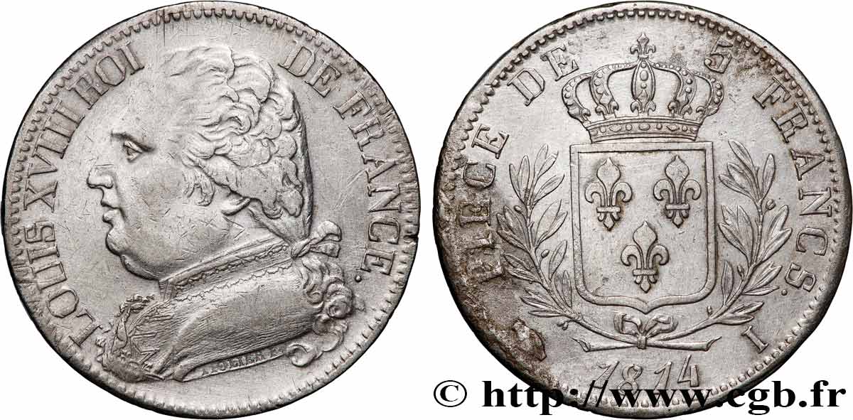 5 francs Louis XVIII, buste habillé 1814 Limoges F.308/6 XF 