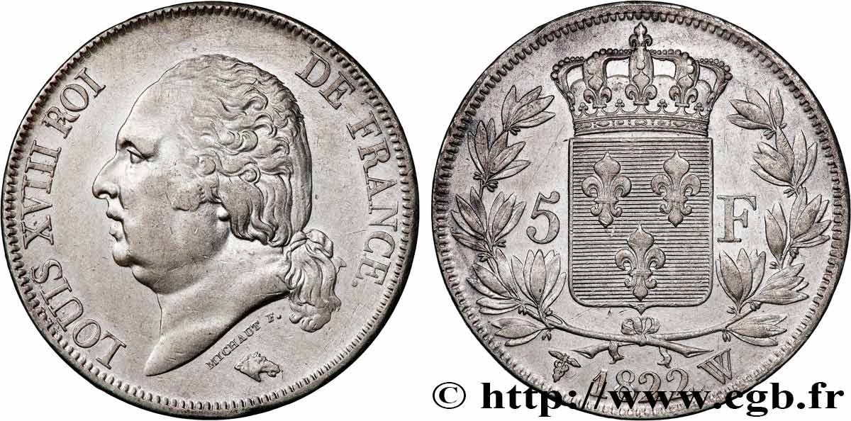 5 francs Louis XVIII, tête nue 1822 Lille F.309/75 SS 