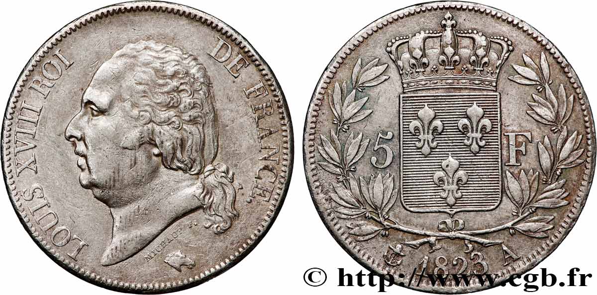 5 francs Louis XVIII, tête nue 1823 Paris F.309/76 fSS/SS 