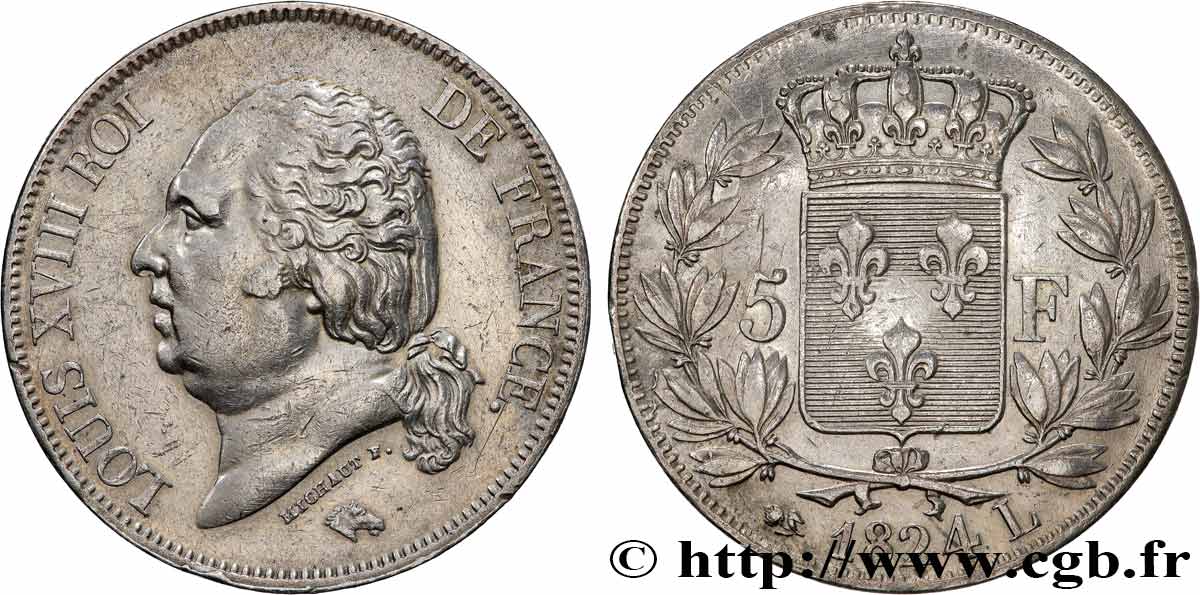 5 francs Louis XVIII, tête nue 1824 Bayonne F.309/94 XF 