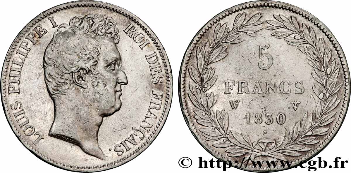 5 francs type Tiolier avec le I, tranche en creux 1830 Lille F.315/13 XF 
