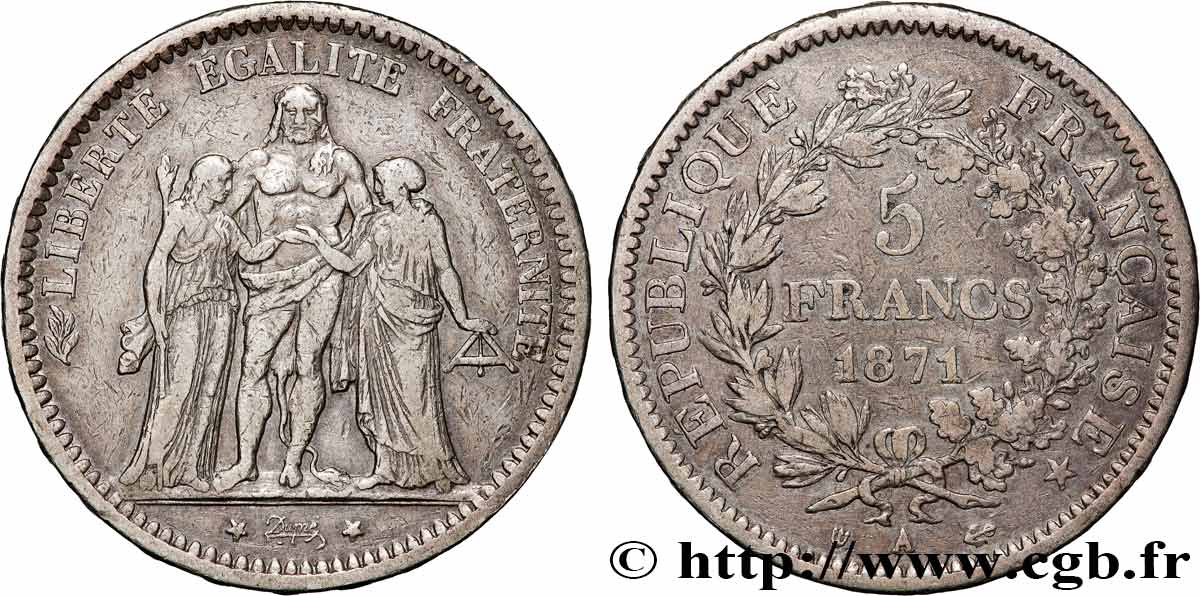 5 francs Hercule, dite “Camélinat” 1871 Paris F.334/3 S 