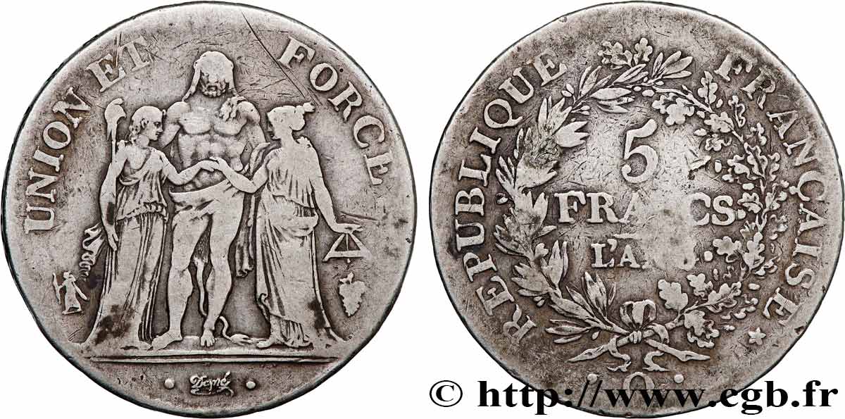 5 francs Union et Force, Union serré, avec glands intérieurs et gland extérieur 1798 Perpignan F.288/85 TB 