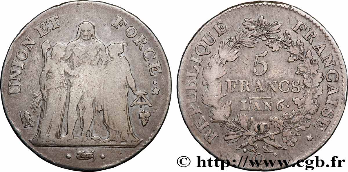 5 francs Union et Force, Union serré, seulement gland extérieur 1798 Perpignan F.288/82 F/VF 