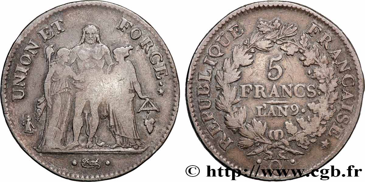 5 francs Union et Force, Union serré, avec glands intérieurs et gland extérieur 1801 Perpignan F.288/69,5 RC+/BC 