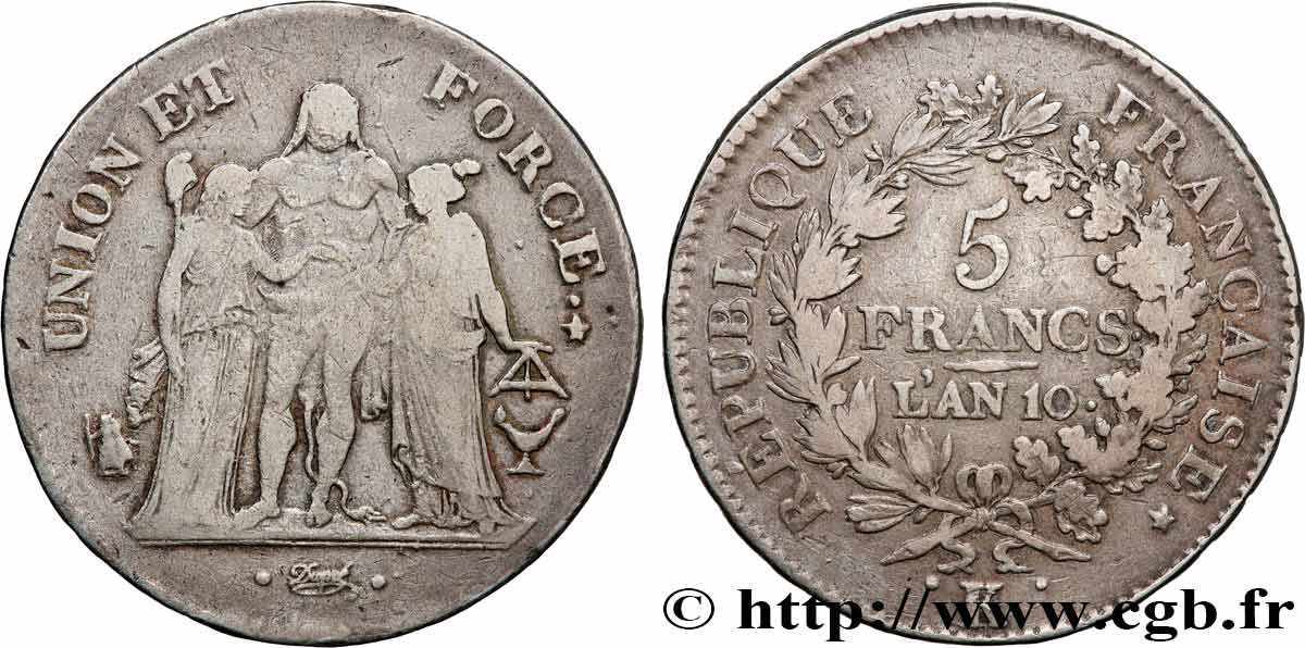 5 francs Union et Force, Union serré, seulement glands intérieurs 1802 Bordeaux F.288/173 VF 