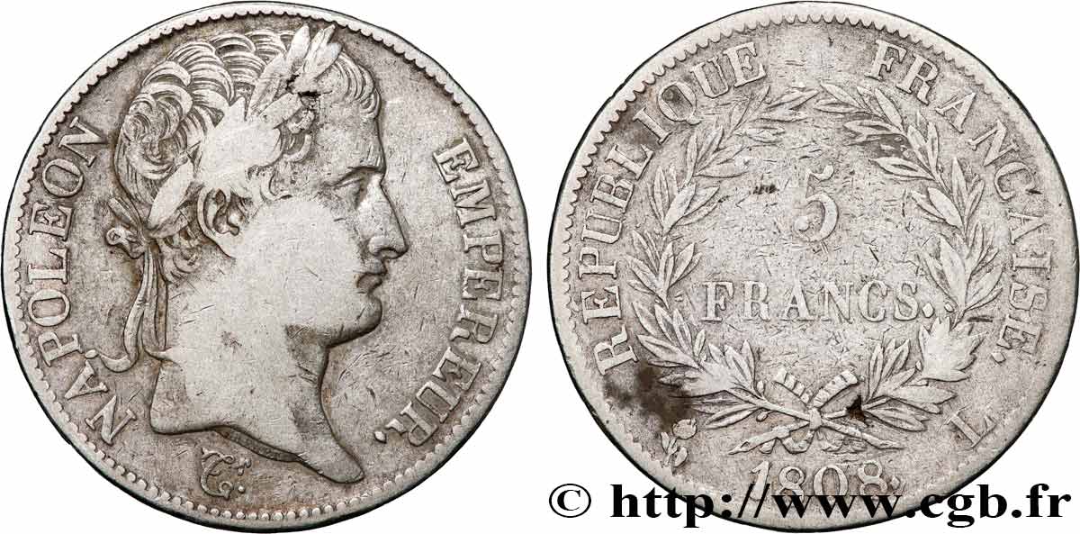 5 francs Napoléon Empereur, République française 1808 Bayonne F.306/9 MB 