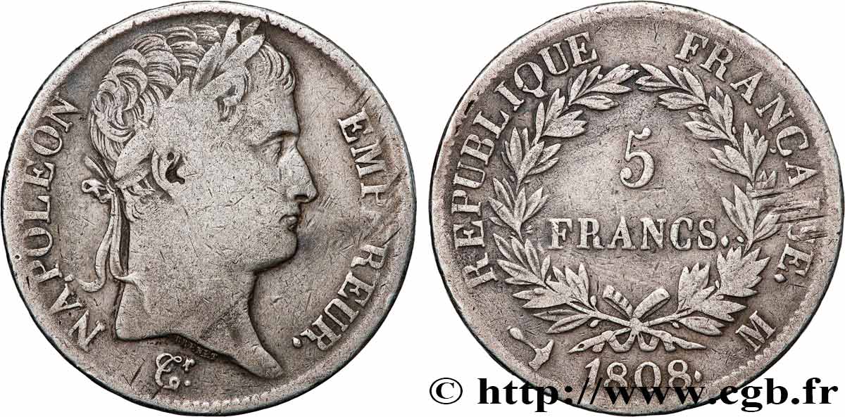 5 francs Napoléon Empereur, République française 1808 Toulouse F.306/10 VF 