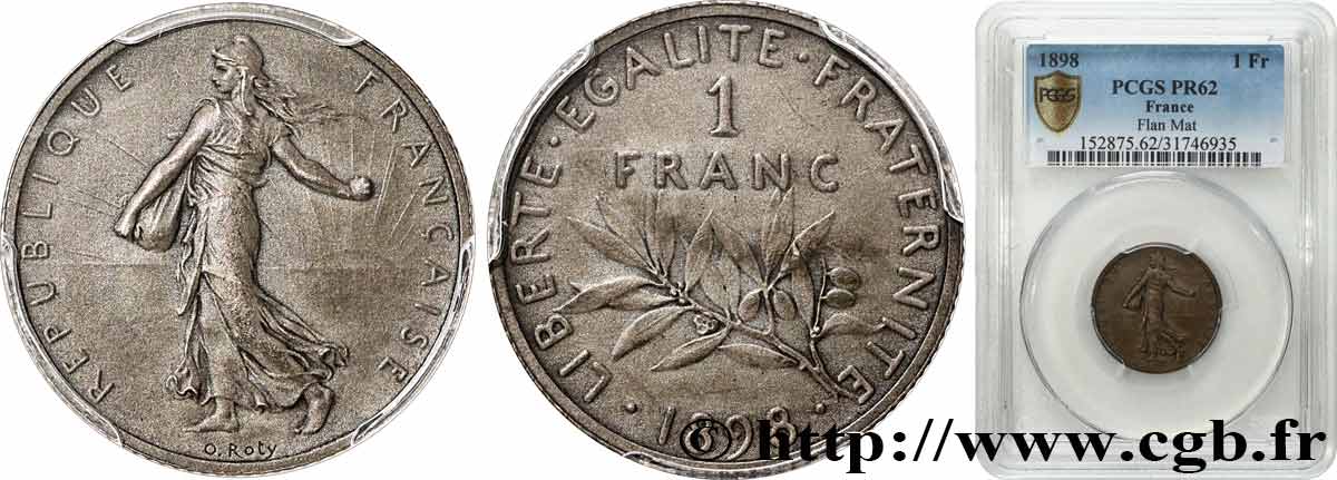 1 franc Semeuse, flan mat, vieil argent 1898 Paris F.217/2 MS62 PCGS