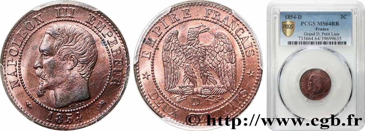 Deux centimes Napoléon III, tête nue 1854 Lyon F.107/13 MS64 PCGS
