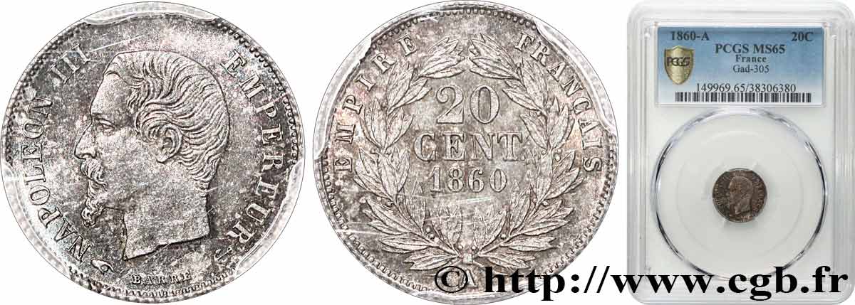 20 centimes Napoléon III, tête nue 1860 Paris F.148/14 ST65 PCGS