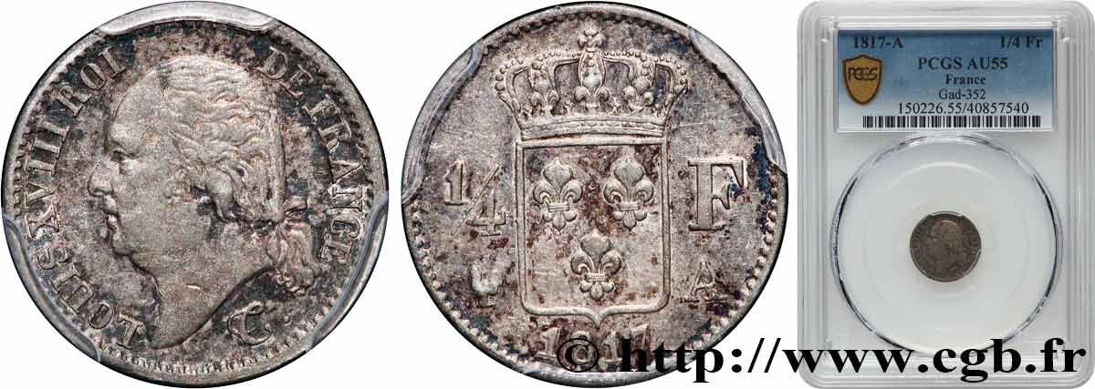 1/4 franc Louis XVIII  1817 Paris F.163/1 AU55 PCGS