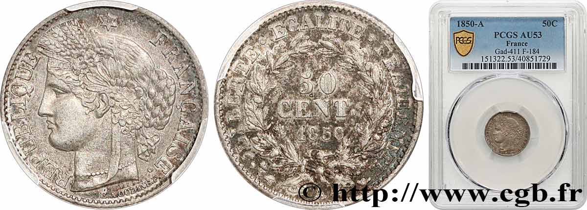 50 centimes Cérès, IIe République 1850 Paris F.184/2 MBC53 PCGS