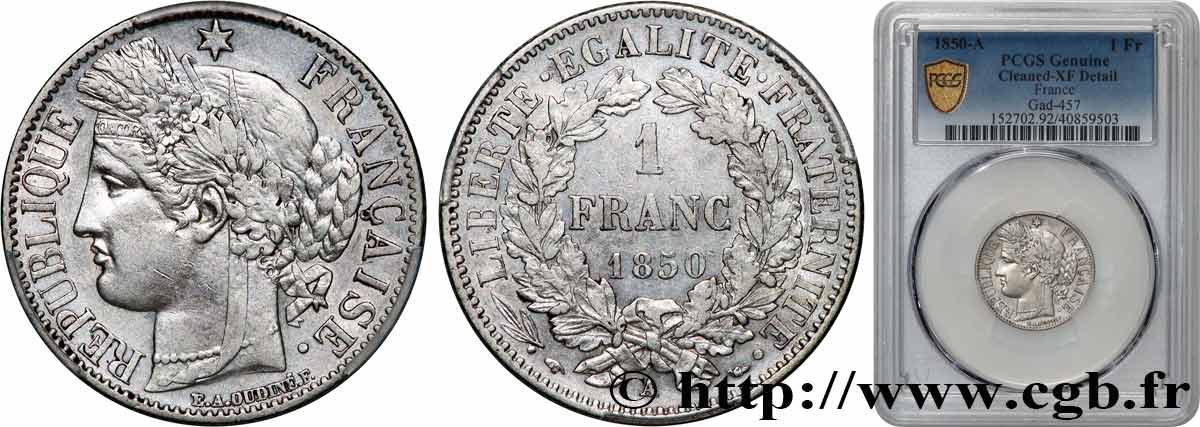 1 franc Cérès, IIe République 1850 Paris F.211/4 XF PCGS