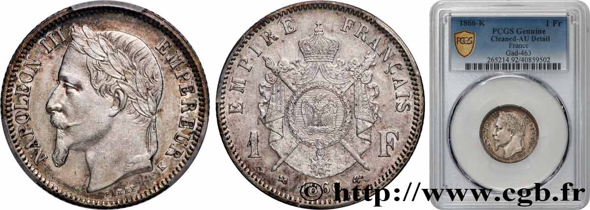 1 franc Napoléon III, tête laurée 1866 Bordeaux F.215/5 AU PCGS