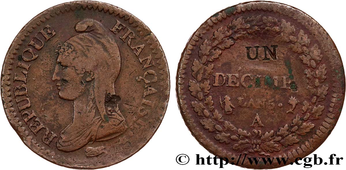 Un décime Dupré, modification du 2 décimes 1797 Paris F.127/5 q.BB