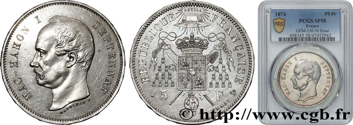 Module de 5 francs Mac-Mahon, pièce satirique en argent - Essai 1874 Bruxelles GEM.130 10 AU58 PCGS