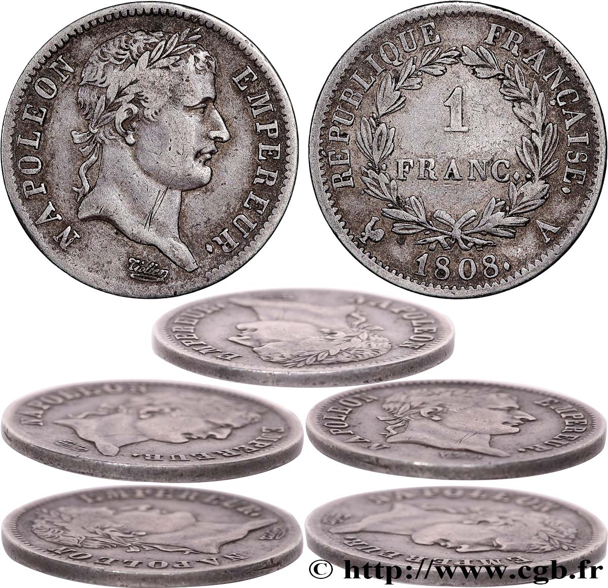 1 franc Napoléon Ier tête laurée, République française 1808 Paris F.204/2 VF35 