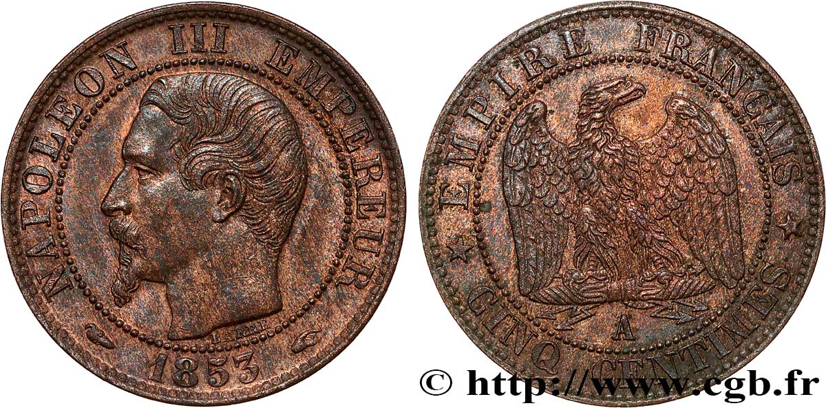 Cinq centimes Napoléon III, tête nue 1853 Paris F.116/1 SPL62