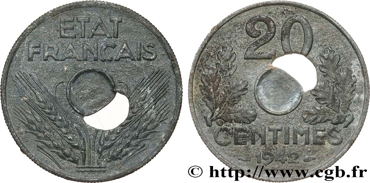 20 centimes État français, lourde, Fauté trou décentré 1942 F.153/4 var. BB