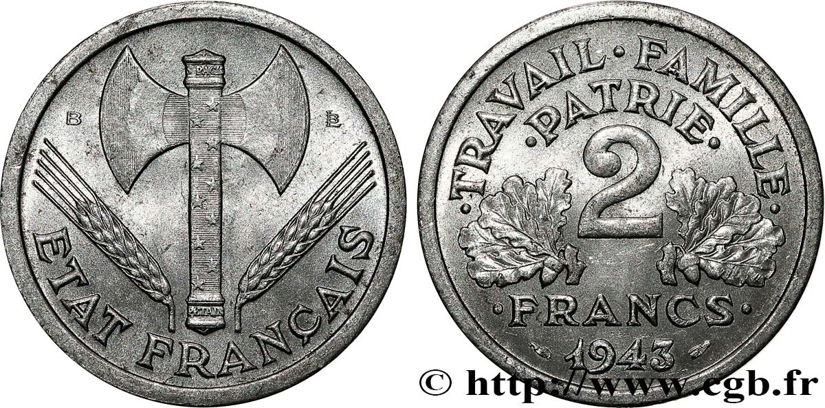 2 francs Francisque 1943 Beaumont-Le-Roger F.270/3 MS60 