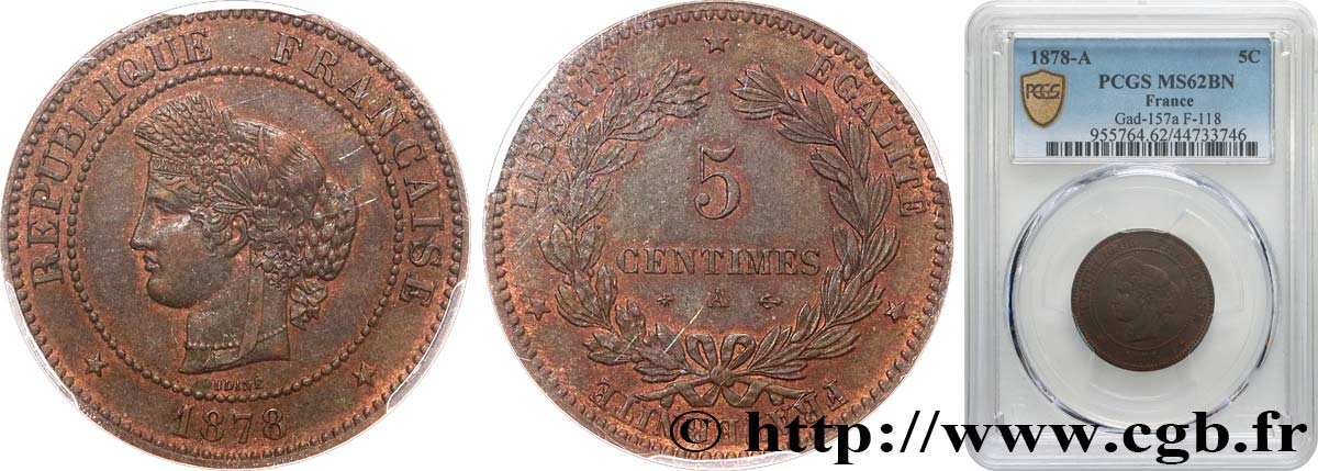 5 centimes Cérès 1878 Paris F.118/17 SPL62 PCGS