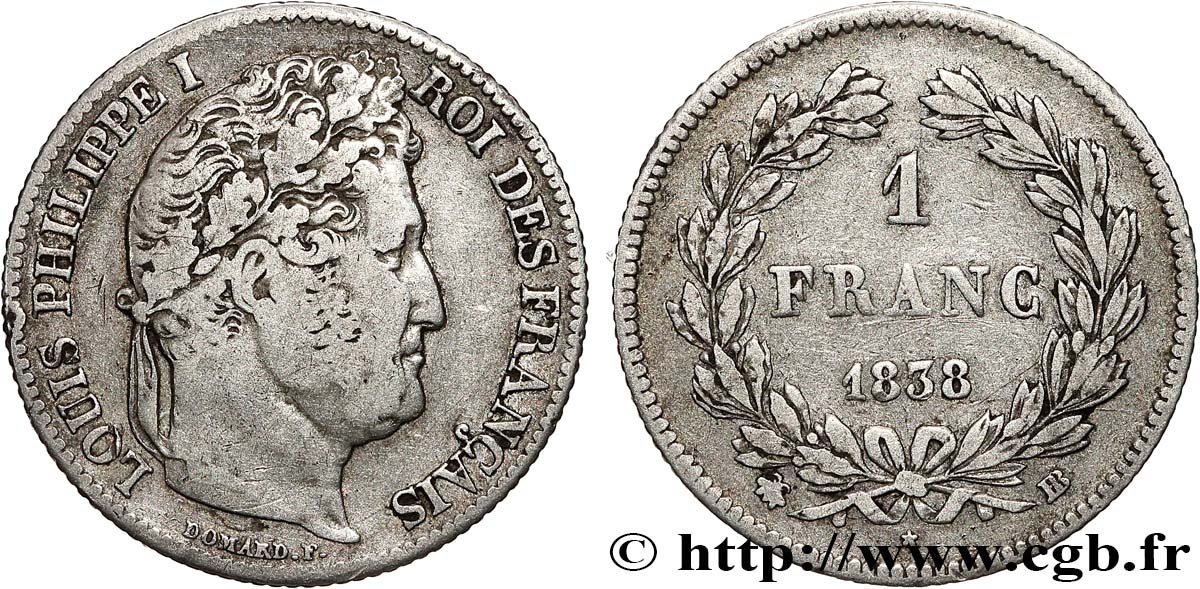 1 franc Louis-Philippe, couronne de chêne 1838 Strasbourg F.210/64 VF 