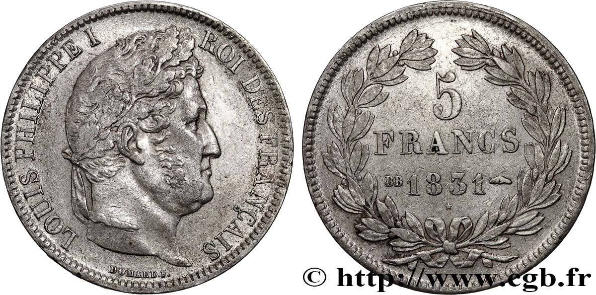 5 francs Ier type Domard, tranche en creux 1831 Strasbourg F.319/1 AU50 