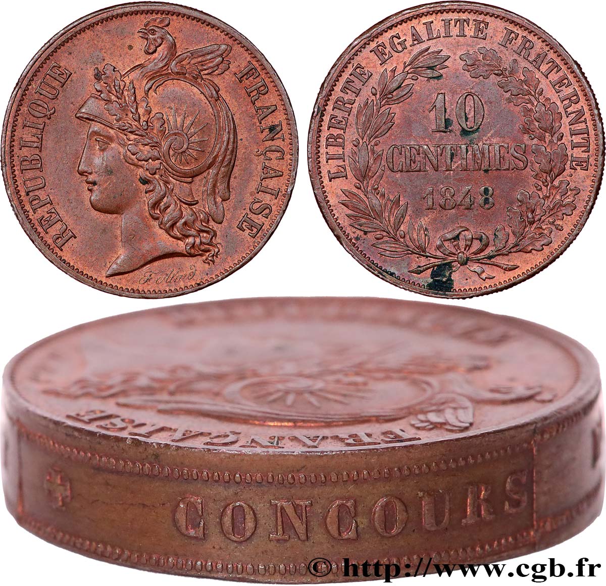 Concours de 10 centimes, piéfort au quadruple d’Alard, premier revers, tranche inscrite 1848 Paris VG.3130 var. MS60 