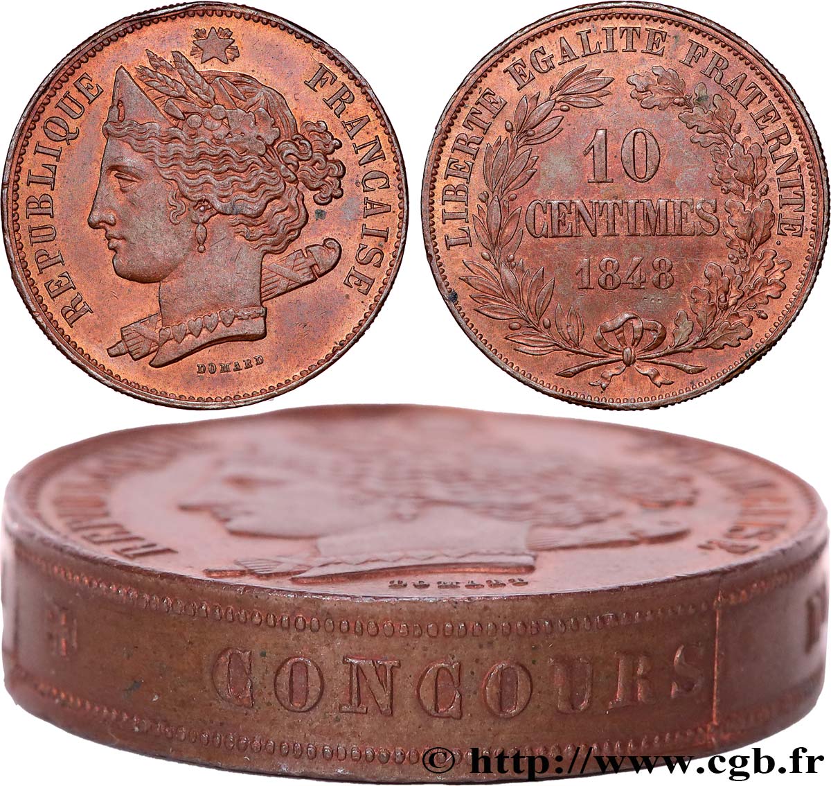 Concours de 10 centimes, piéfort au quadruple de Domard, premier revers, tranche inscrite 1848 Paris VG.3138 var. MS62 
