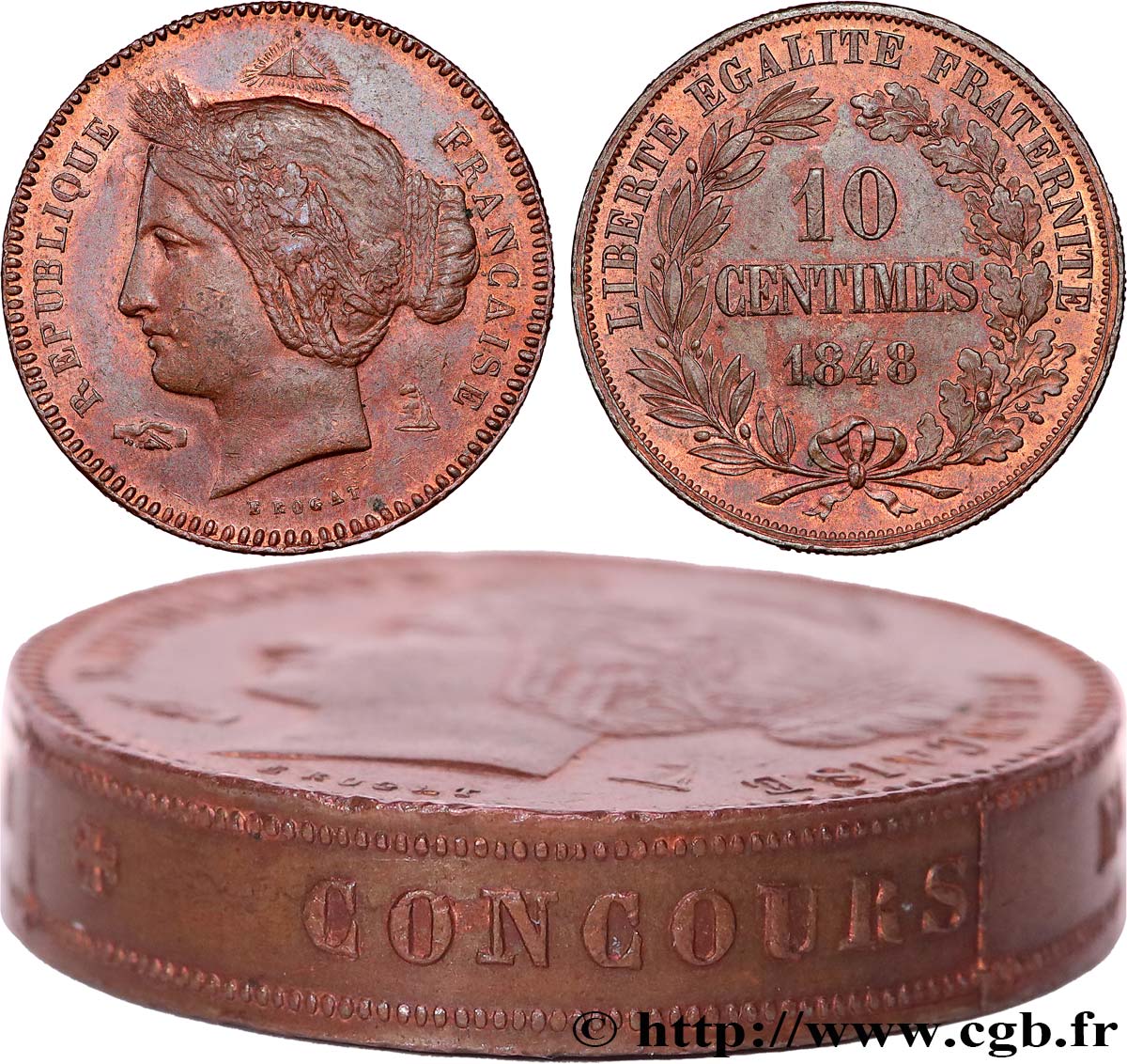 Concours de 10 centimes, piéfort au quadruple,  par Rogat, premier concours, premier revers, tranche inscrite 1848 Paris VG.3169 P AU55 