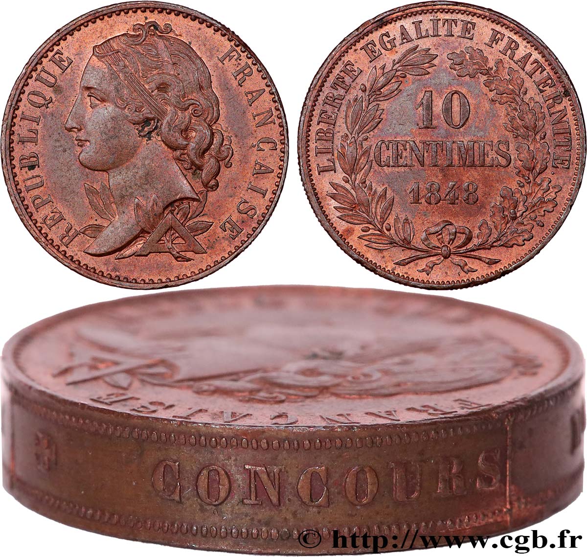 Concours de 10 centimes, piéfort au quadruple par Magniadas, premier revers, tranche inscrite 1848 Paris VG.3165 P MS63 