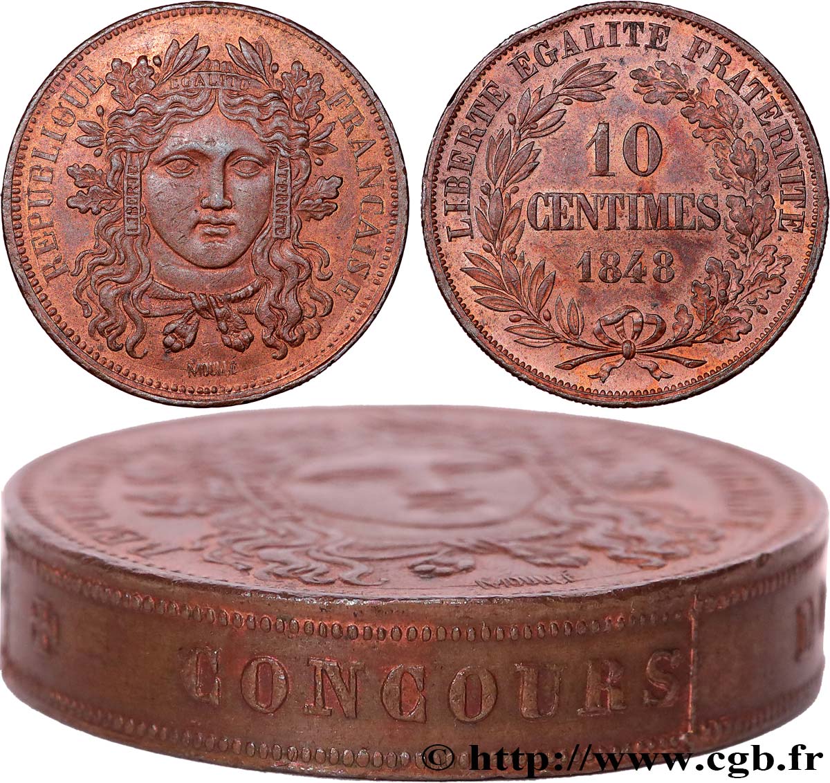 Concours de 10 centimes, piéfort au quadruple de Moullé, premier revers, tranche inscrite 1848  VG.3167  MS62 