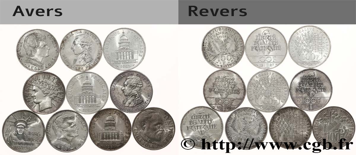 Lot de 10 pièces de 100 francs commémoratives - - F.-/ TTB