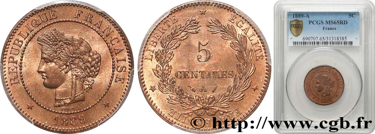5 centimes Cérès 1889 Paris F.118/31 FDC65 PCGS