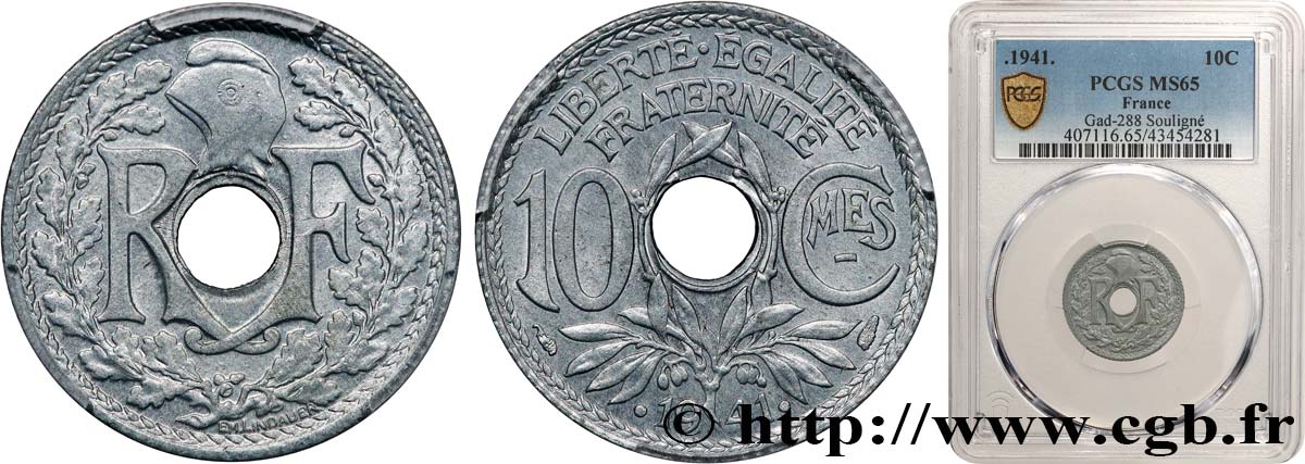 10 centimes Lindauer en zinc, Cmes souligné et millésime avec points 1941  F.140/2 ST65 PCGS